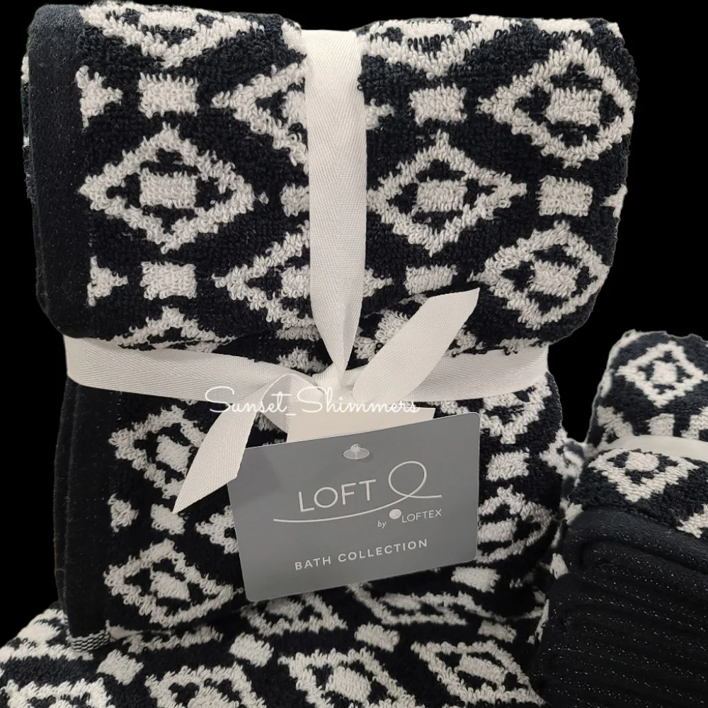 8pc Loft Bath Hand Washcloth Black & White Diamond Aztec Tile Towel Set New